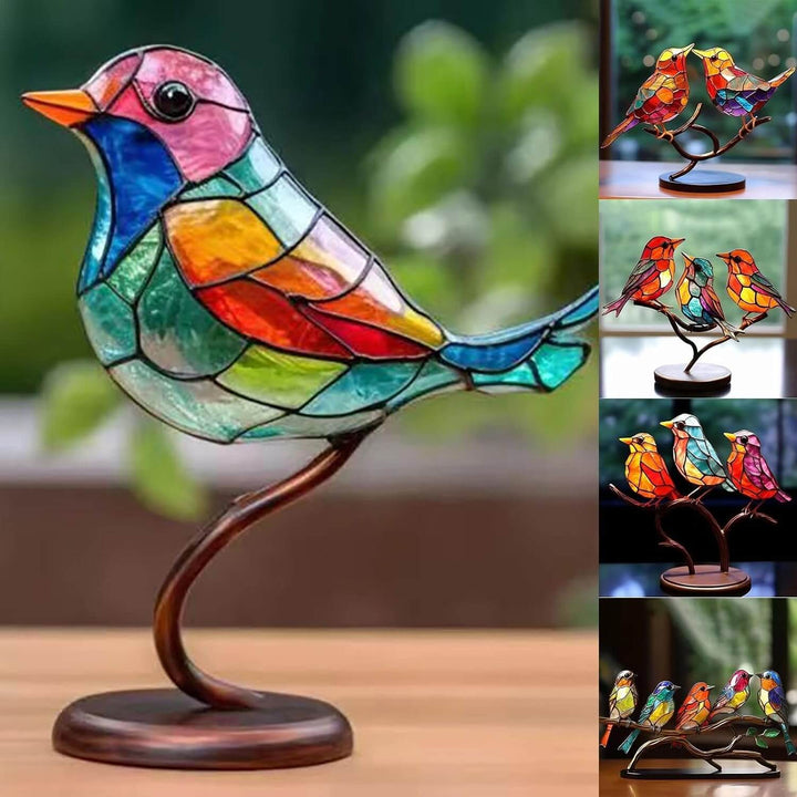 Vrolijk gekleurde vogels op een decoratieve tak; een sfeervol handgemaakt beeld voor elk interieur.