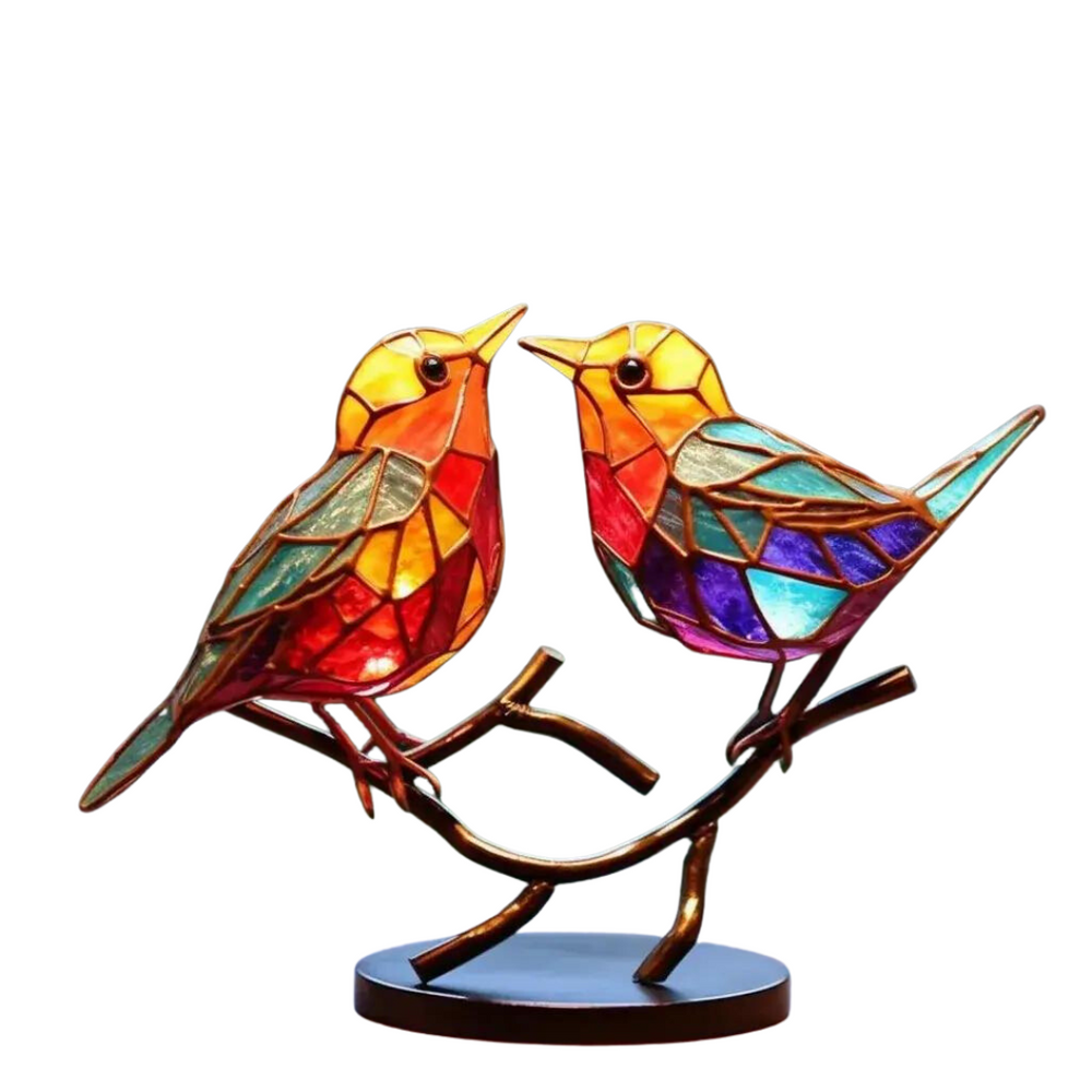 Handgemaakt decoratief beeld: kleurrijke vogels op tak, perfecte huisdecoratie voor een vrolijke sfeer.