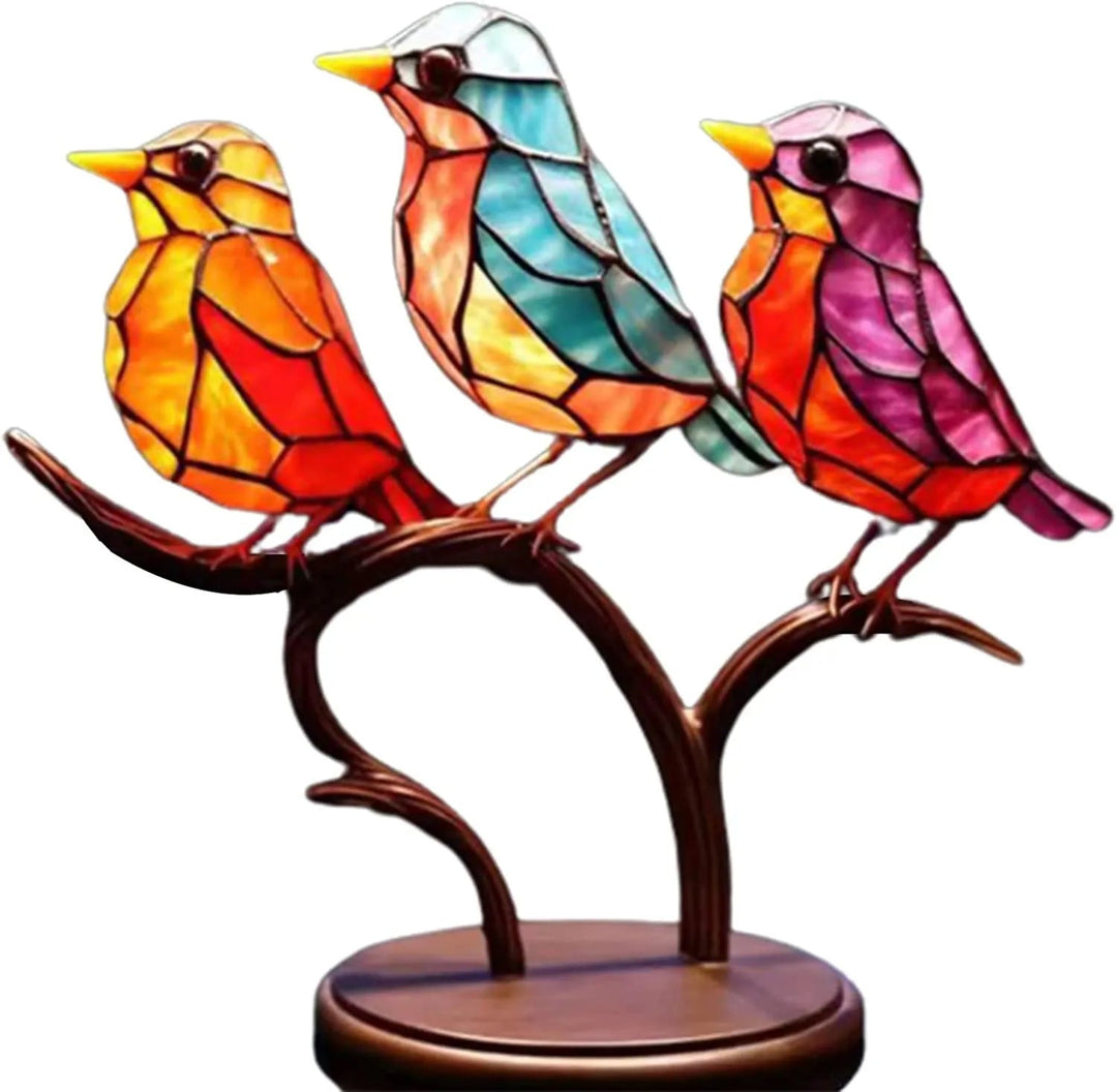 Vrolijk woonaccessoire: gekleurde vogels op tak, brengt sfeer en harmonie in huis, kantoor of als cadeau.