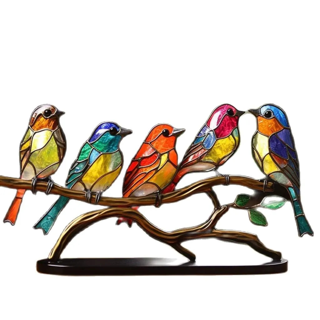 Levendig kunstbeeld van gedetailleerde, gekleurde vogels zittend op een natuurlijke tak, unieke decoratie.