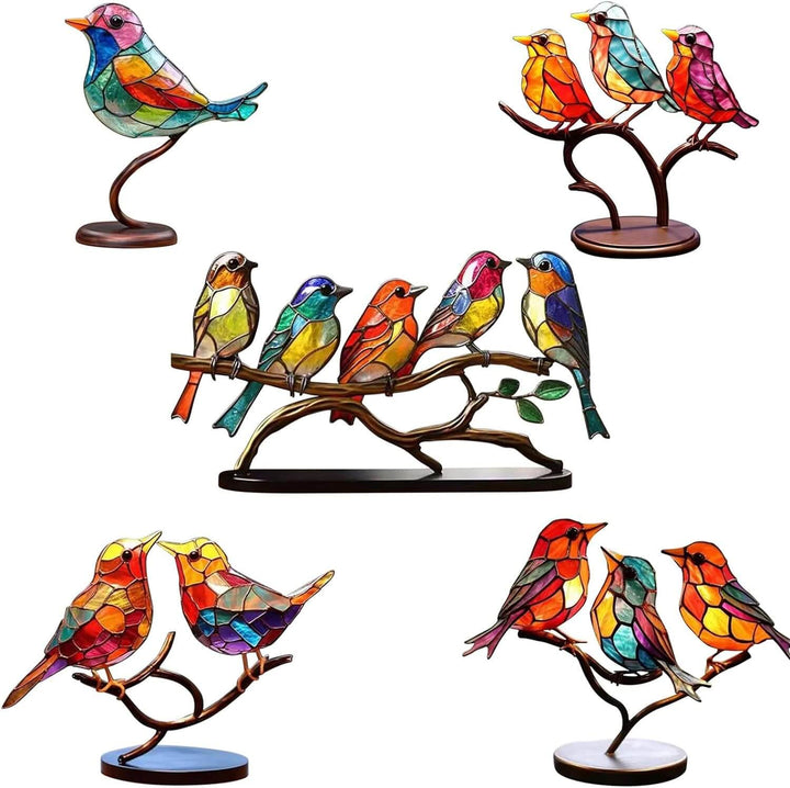 Decoratief kunstbeeld met vrolijke, kleurrijke vogels op een tak, ideaal voor een levendig interieur.