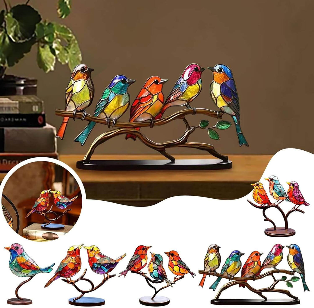ColorBirds decoratief beeld: vrolijke, gekleurde vogels op een tak. Handgemaakte kunst voor huis en kantoor.