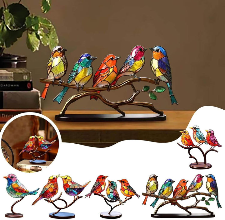 ColorBirds decoratief beeld: vrolijke, gekleurde vogels op een tak. Handgemaakte kunst voor huis en kantoor.
