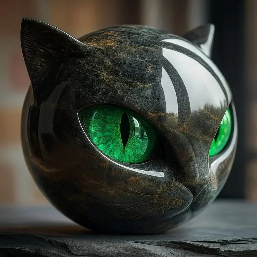 Decoratief kattenhoofd sculptuur met hypnotiserende ogen, perfecte woondecoratie voor een modern interieur.