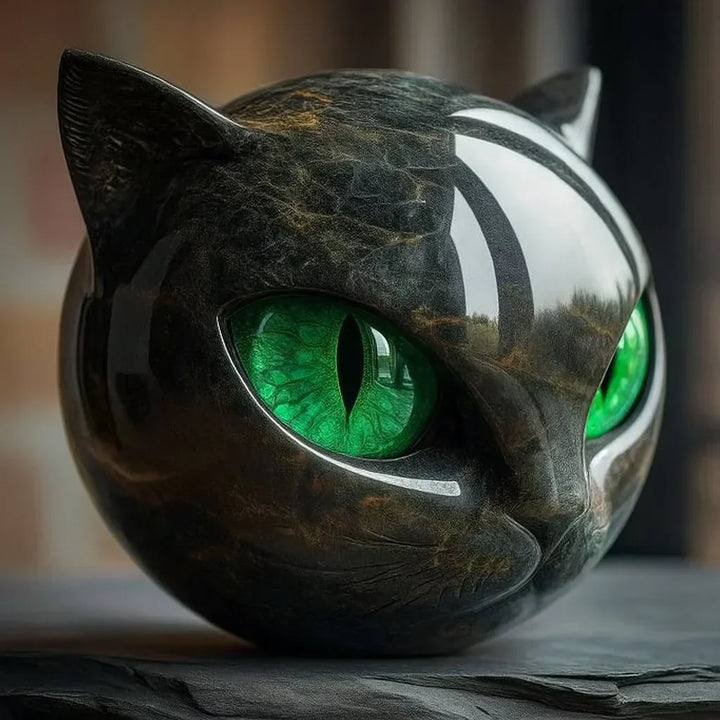 Decoratief kattenhoofd sculptuur met hypnotiserende ogen, perfecte woondecoratie voor een modern interieur.