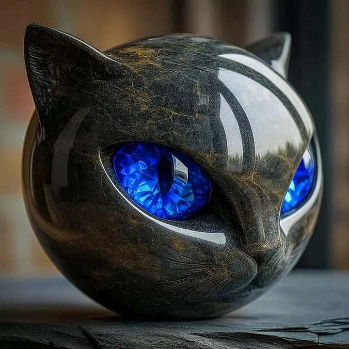 Gedetailleerd kattenhoofd sculptuur met indringende ogen, een eyecatcher als modern interieurdesign.
