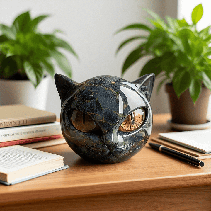 Abstract kattenhoofd kunstbeeldje. Een modern sculptuur dat een elegante touch geeft aan woondecoratie.