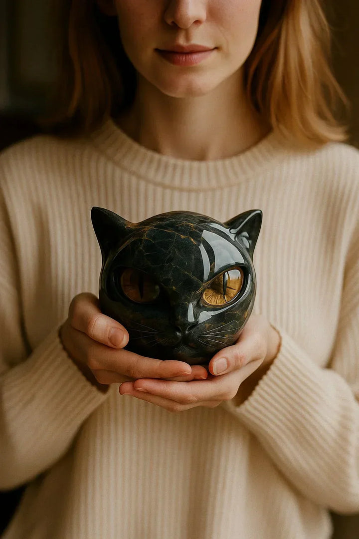 Uniek kattenhoofd sculptuur met fascinerende ogen. Perfecte decoratie en een eigentijdse toevoeging.