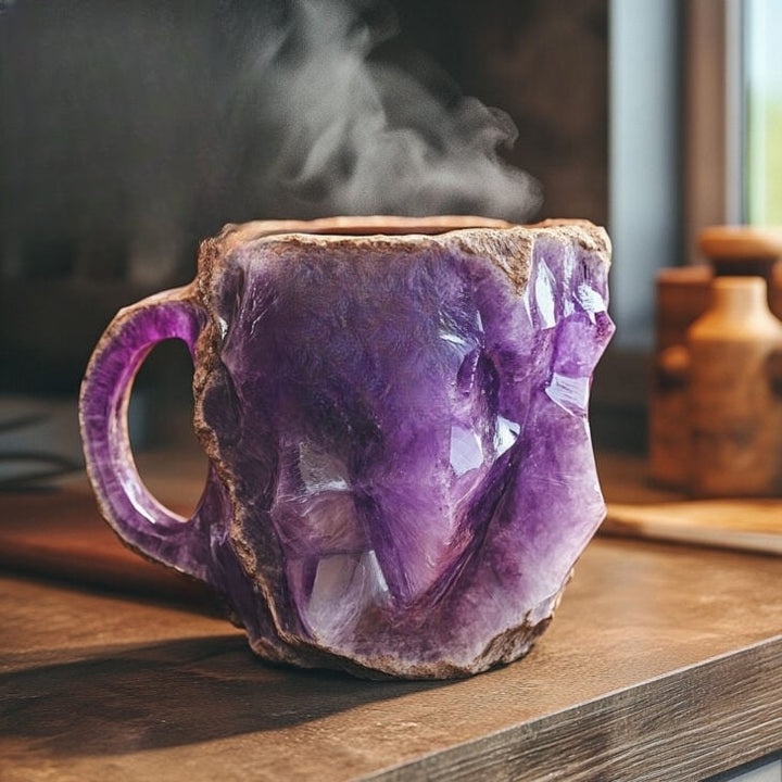 Decoratieve kristallen mok met edelsteen details, perfect voor thee of koffie.