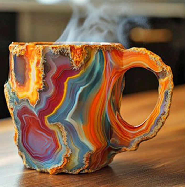Sfeervolle koffiemok met kristal en edelsteen, een magisch decoratief element in je keuken.