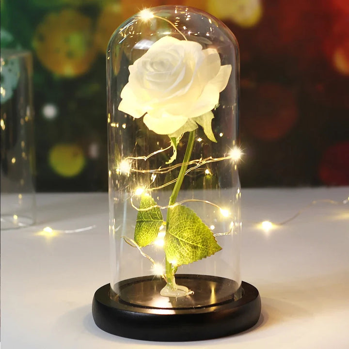 Glazen stolp met kunstroos en LED verlichting, perfect als sfeervolle nachtlamp.
