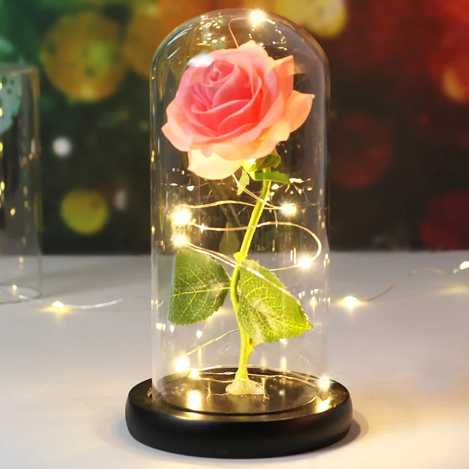 Prachtige rozen LED sfeerlamp in glazen stolp, een uniek en romantisch cadeau.