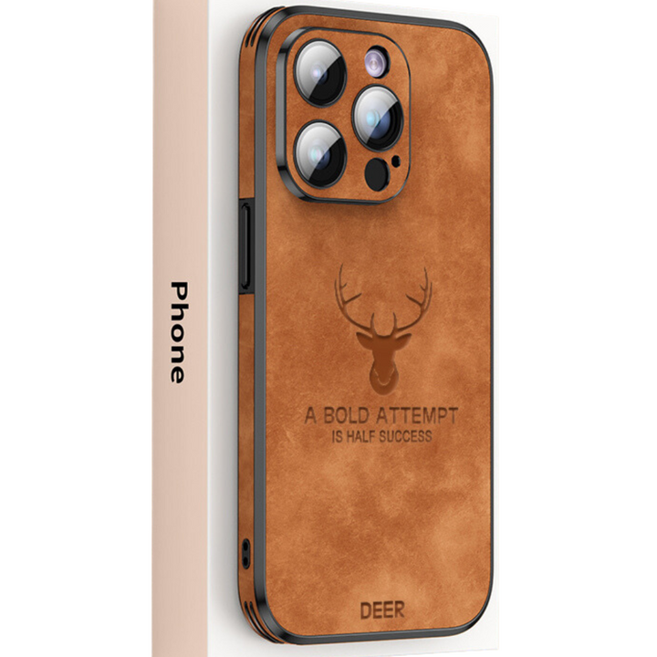 Pastelblauw leren iPhone hoes, zachte kleur en harde bescherming.