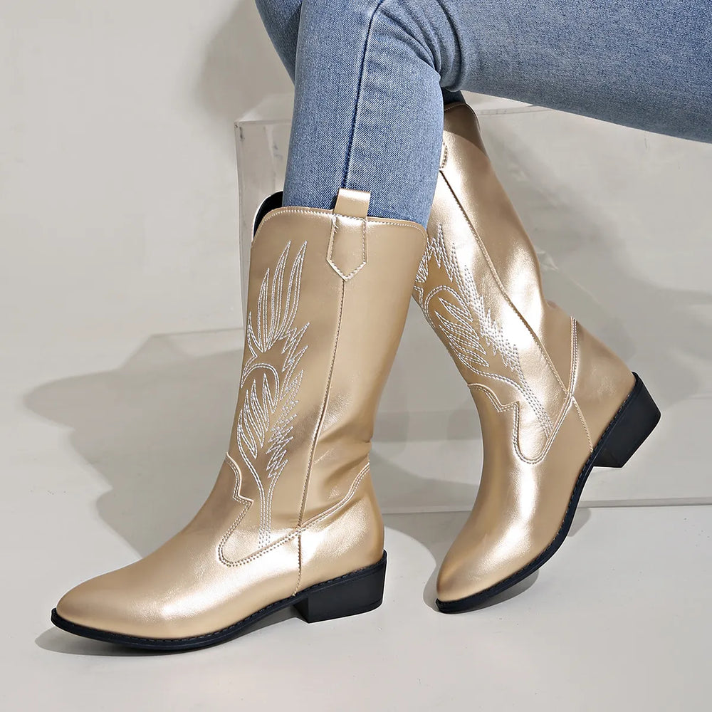 "Demy cowboylaarzen dames met geborduurd design, duurzaam vegan leer, western stijl, slipbestendige zool en comfort"