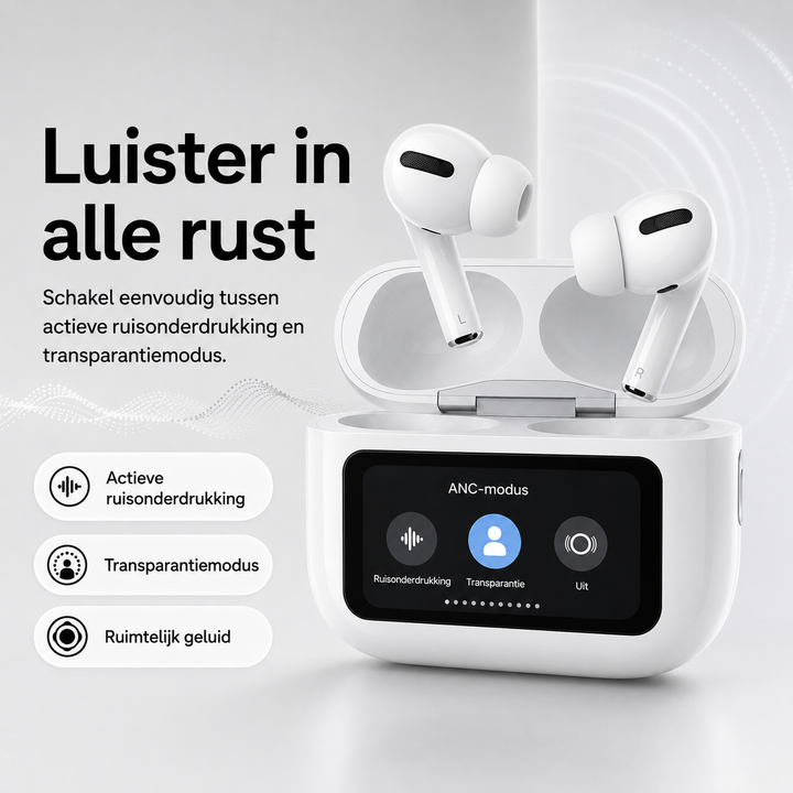 Draadloze bluetooth oordopjes in wit getoond vanuit een hoek