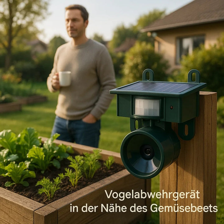 Compacte vogelverjager voor balkon en terras. Werkt met roofvogelgeluiden om vogels diervriendelijk te verjagen.