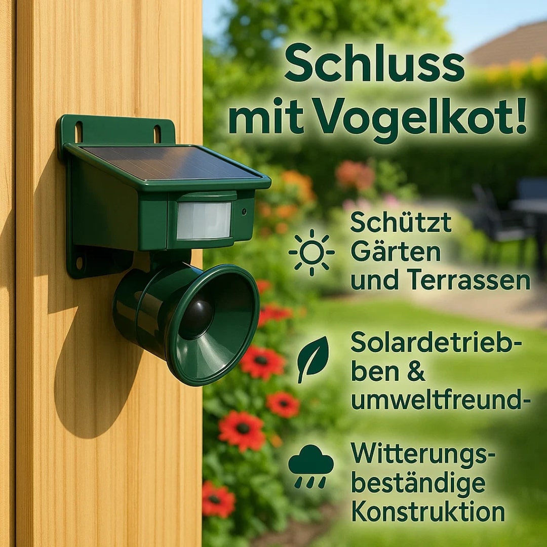 Weerbestendige vogelafschrikker met zonne-energiepaneel. Houdt ongewenste vogels weg van je tuin en buitenruimte.