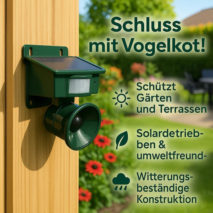 Weerbestendige vogelafschrikker met zonne-energiepaneel. Houdt ongewenste vogels weg van je tuin en buitenruimte.