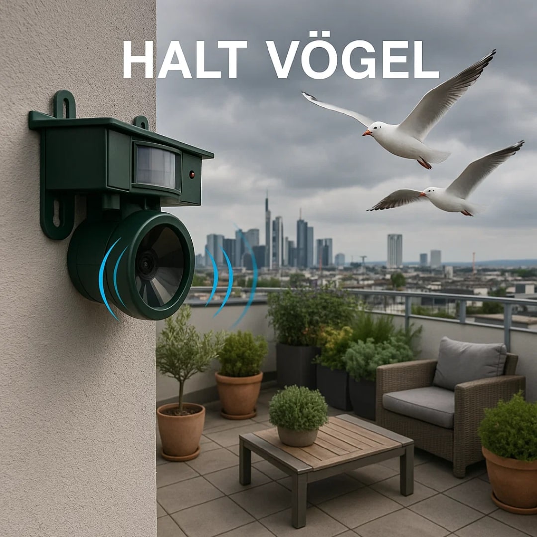 Vogelafschrikker met ingebouwde luidspreker. Produceert realistische roofvogelgeluiden om duiven te verjagen.