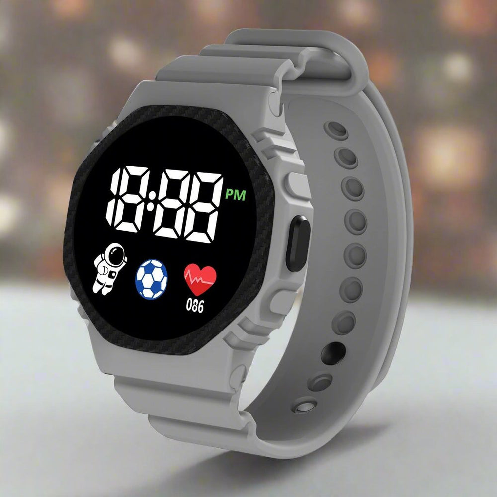 Duurzaam waterdicht kinderhorloge met kunststof behuizing en rubberen band, perfect voor actieve kids en sport.