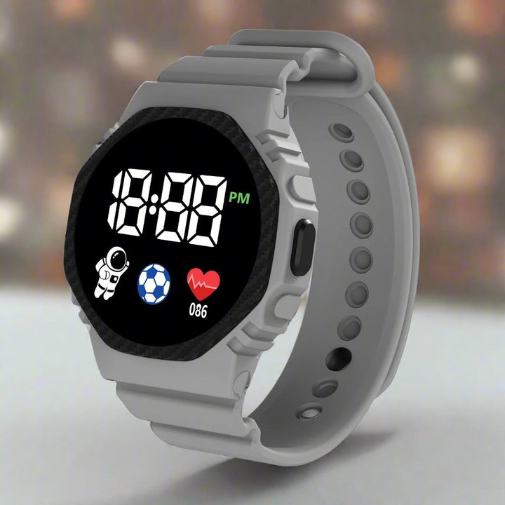 Duurzaam waterdicht kinderhorloge met kunststof behuizing en rubberen band, perfect voor actieve kids en sport.