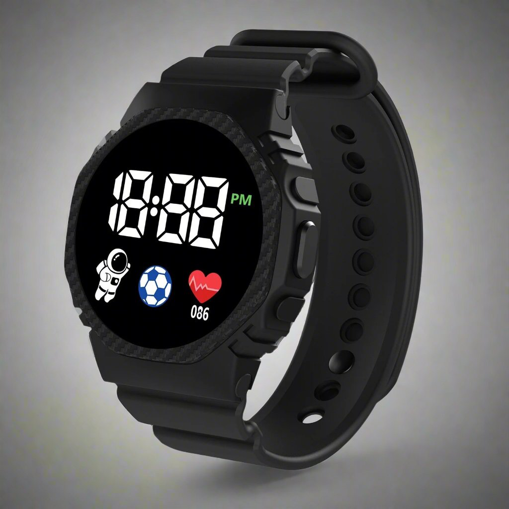 Modern waterdicht digitaal kinderhorloge met kalenderfunctie, gemaakt van duurzaam kunststof en rubber.