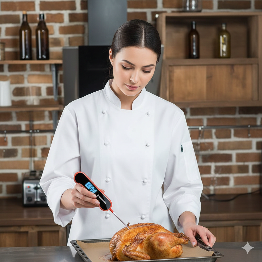 Rode digitale vleesthermometer voor precisie en instant metingen. Ideaal voor keuken, koken, bakken, grillen.