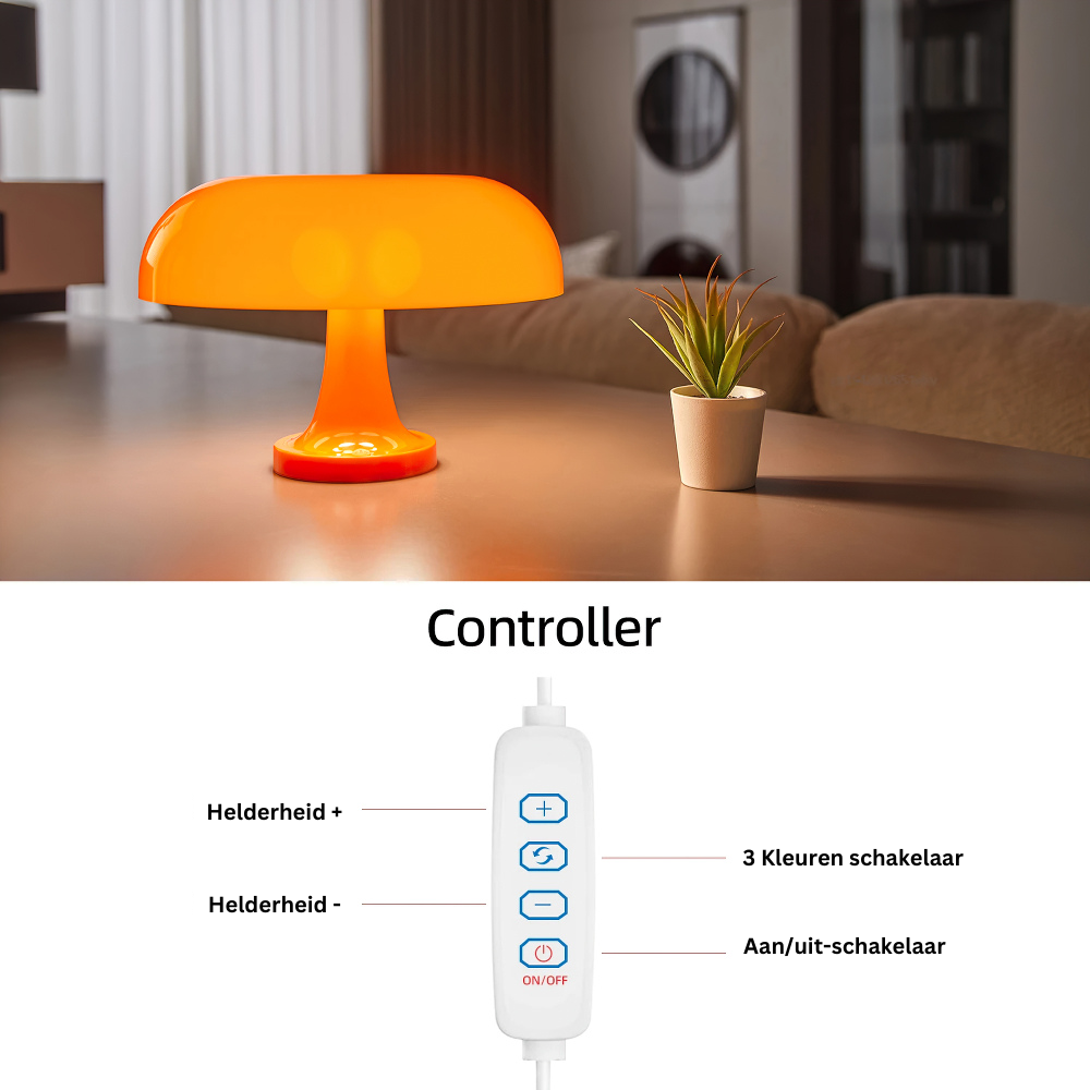 Kunststof oranje dimbare Bauhaus tafellamp, modern design met geïntegreerde USB poort.