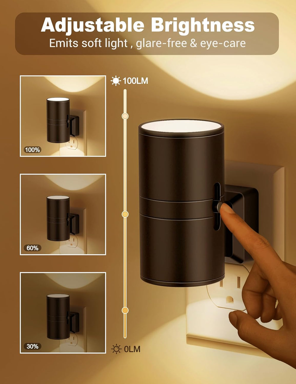 Plug-in LED nachtlamp voor wandcontactdoos. Automatisch aan/uit met schemersensor, dimbaar voor perfecte sfeer.