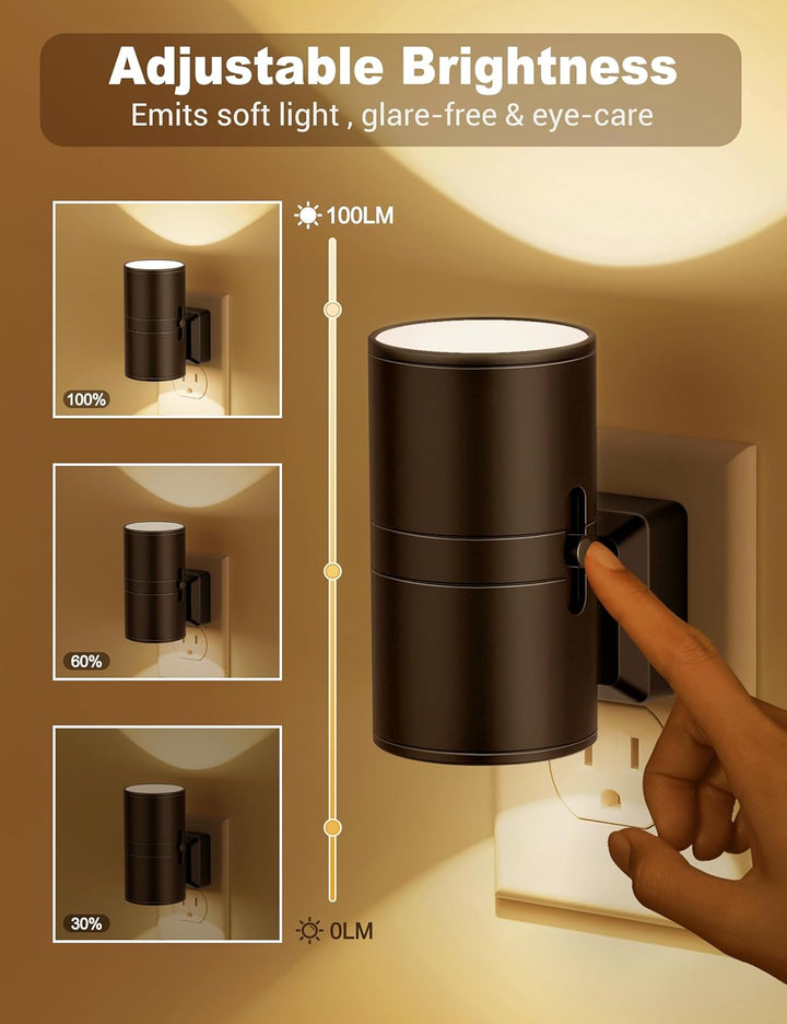 Plug-in LED nachtlamp voor wandcontactdoos. Automatisch aan/uit met schemersensor, dimbaar voor perfecte sfeer.