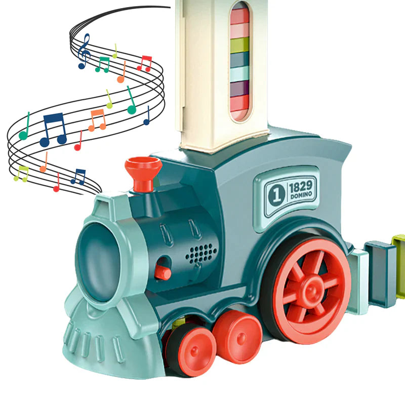 Automatische dominotrein set met houten dominostenen. Ideaal educatief speelgoed om bouwvaardigheden te ontwikkelen.