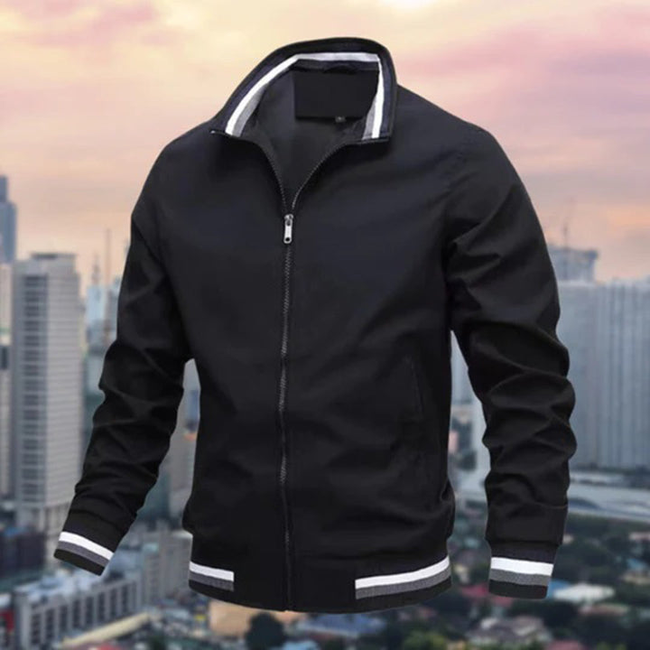 "Donkerblauw bomberjack voor mannen, stijlvolle herfstjas van hoogwaardig polyester, elegante en functionele herfstkleding."