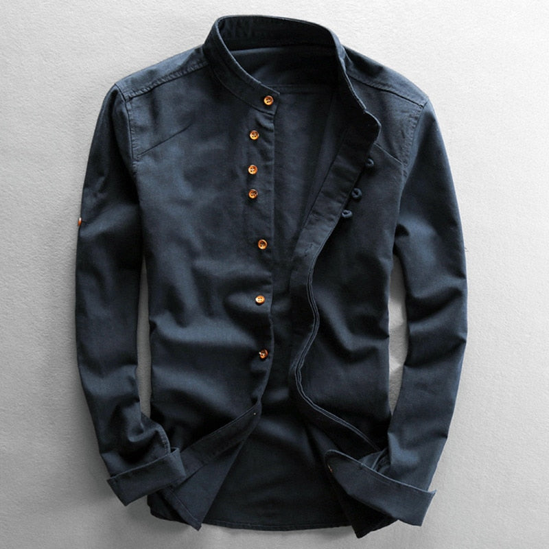 Donkerblauw heren overhemd met stijlvolle bandkraag, lange mouwen. Ideaal voor casual mode en vrijetijd.
