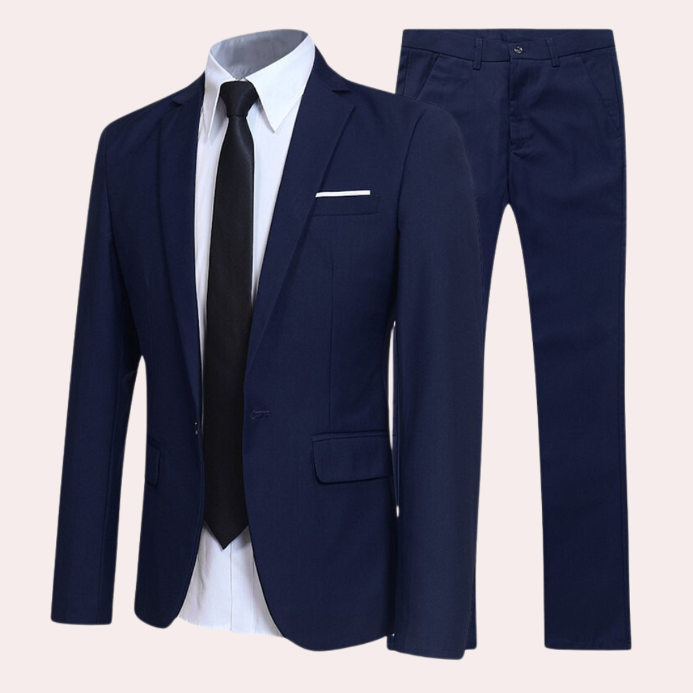 "Donkerblauw herenpak slim fit, formele kleding, elegante stijl, geschikt voor formele gelegenheden, moderne en luxe uitstral