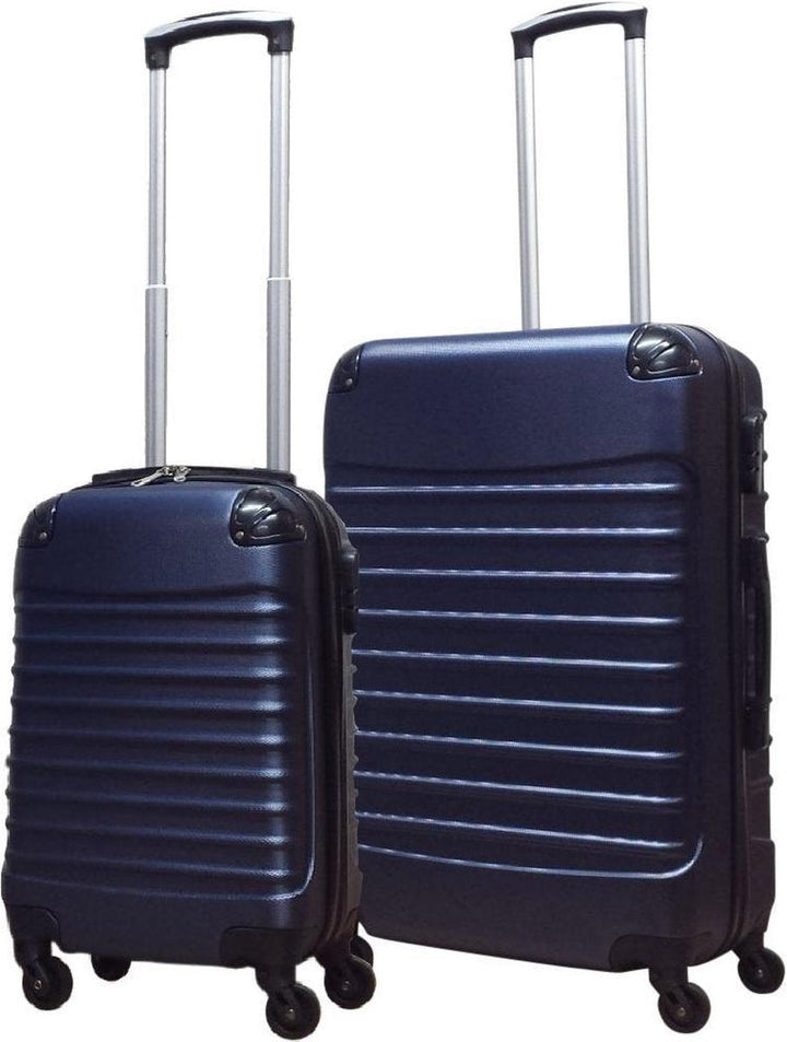 Complete 2-delige donkerblauwe ABS reiskoffer set, duurzame hardshell bagage met soepele zwenkwielen.