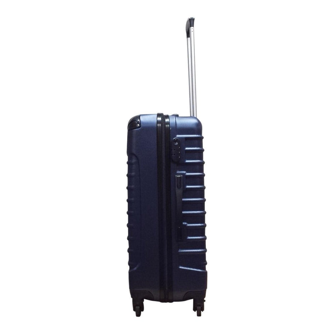Donkerblauwe ABS reiskoffer set met stevige wielen, klaar voor avontuurlijke vakanties en weekendtrips.