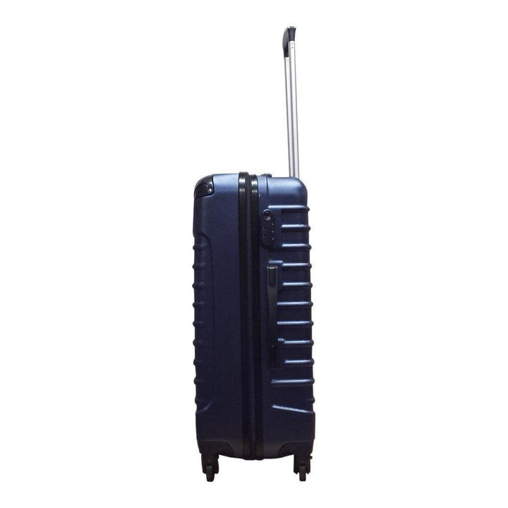 Donkerblauwe ABS reiskoffer set met stevige wielen, klaar voor avontuurlijke vakanties en weekendtrips.