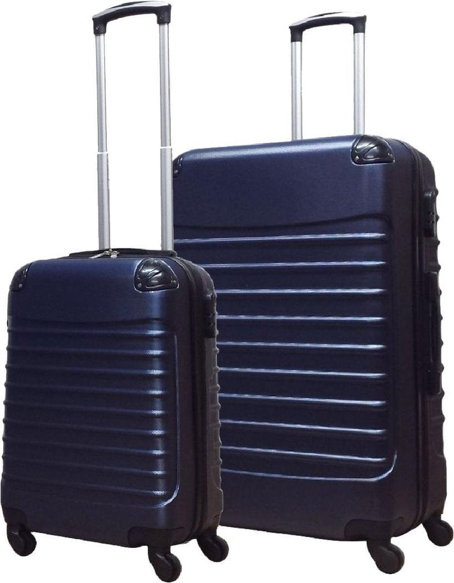 Elegant donkerblauw hardcase kofferset, 2 stuks (groot & klein), ideaal voor vakantie en zakelijke reizen.