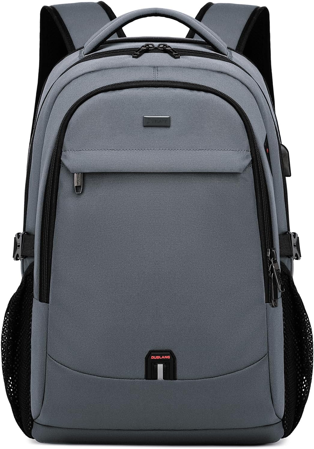 Donkergrijze unisex waterdichte laptop rugzak met USB oplaadpoort, ideaal voor reizen en school.
