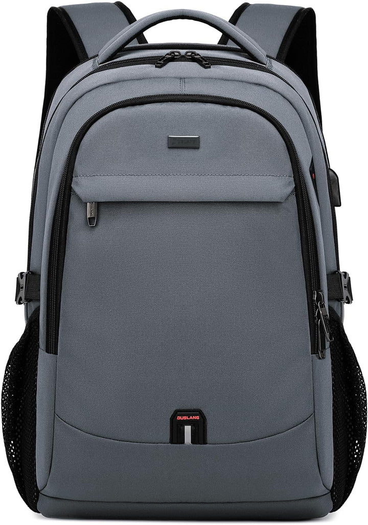 Donkergrijze unisex waterdichte laptop rugzak met USB oplaadpoort, ideaal voor reizen en school.