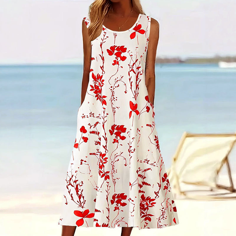 Comfortabele casual dames A-lijn midi zomerjurk zonder mouwen, met trendy bloemprint; perfect voor elke gelegenheid.