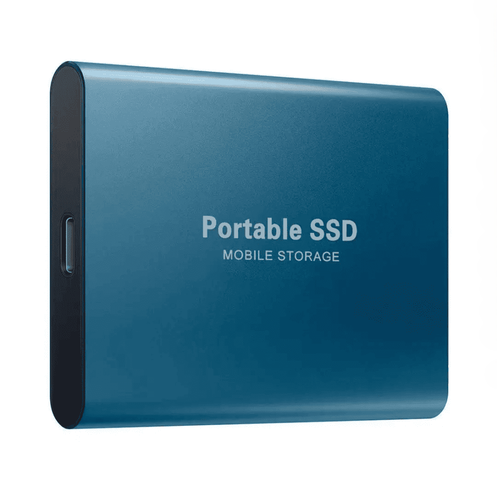 Blauwe draagbare SSD van 256GB met USB-C aansluiting