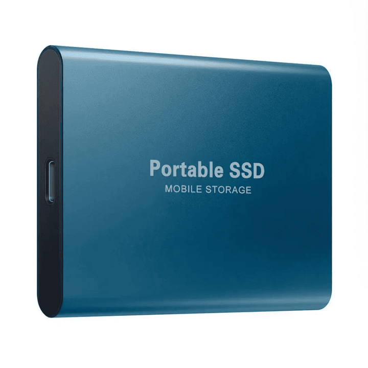 Blauwe draagbare SSD van 256GB met USB-C aansluiting