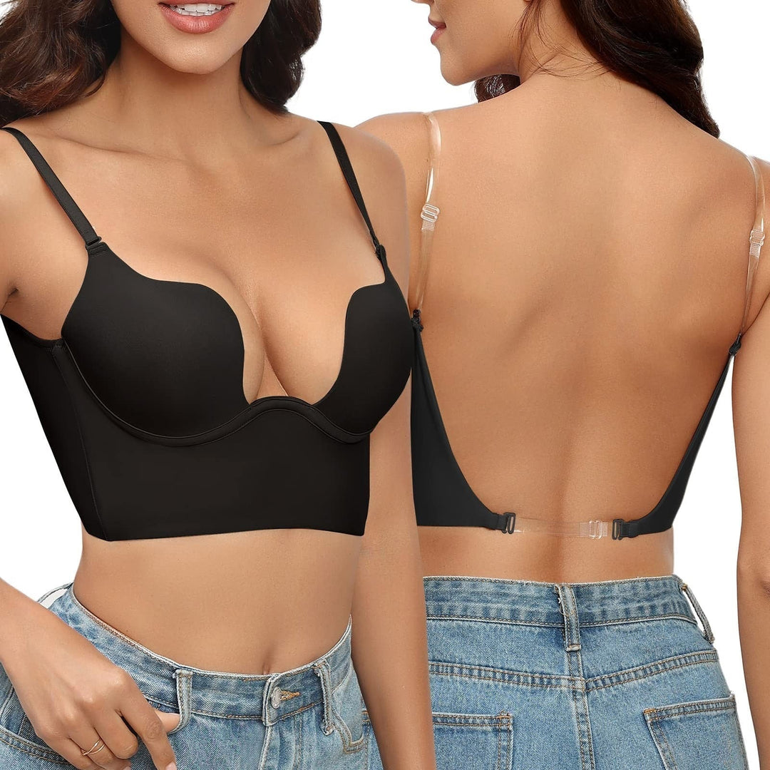 Dames zwarte backless comfort bh getoond op model