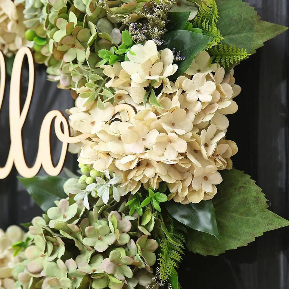 Detailopname van de groene hortensia bloemen en blaadjes