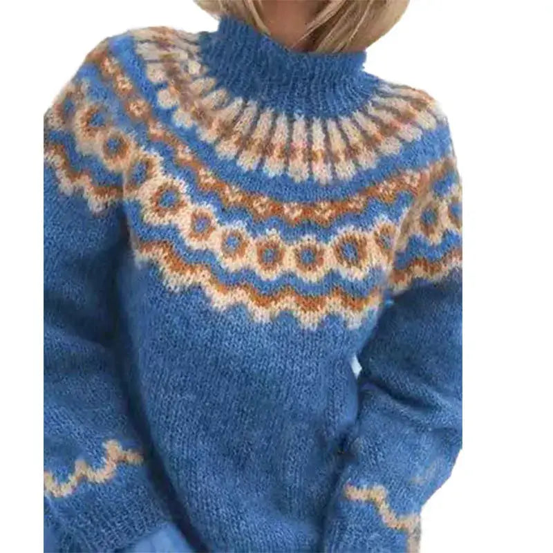 Stijlvolle blauwe dames coltrui met Noors wintermotief