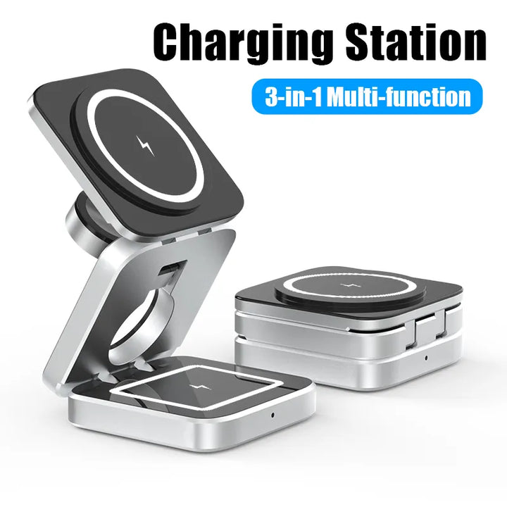 Draadloos 3-in-1 laadstation: magnetische opvouwbare oplader voor telefoon, smartwatch & oordopjes. Snel opladen.