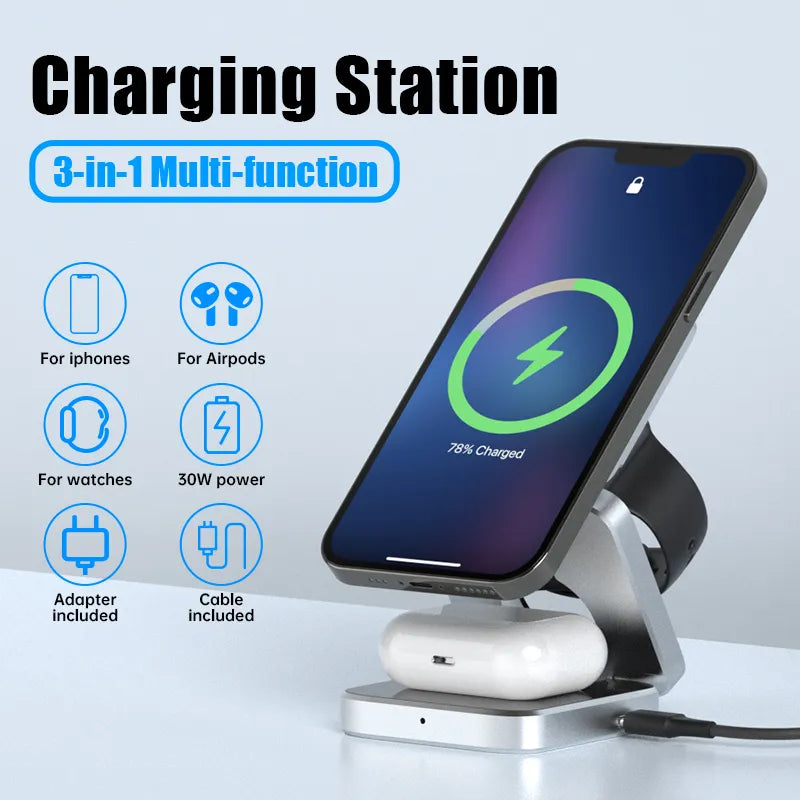 Stijlvol opvouwbaar 3-in-1 laadstation; draadloze magnetische oplader voor al je gadgets. Ideaal als reisoplader.