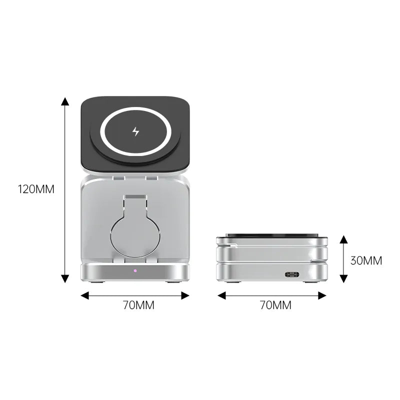 Draagbaar 3-in-1 magnetisch laadstation, opvouwbaar ontwerp. Snel draadloos opladen van tech gadgets onderweg.