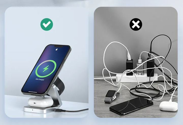 Modern 3-in-1 laadstation, draadloos en opvouwbaar. Slimme telefoonaccessoire voor snel, magnetisch opladen.